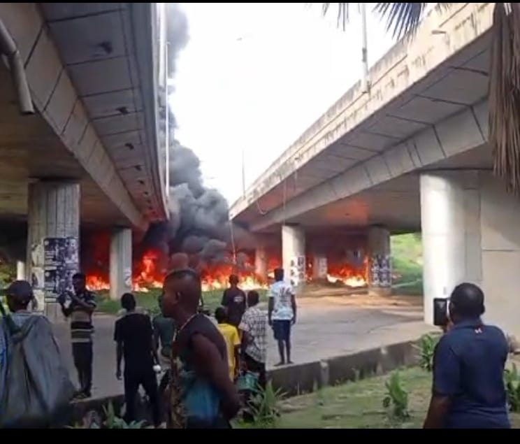 Two severely burnt as diesel tanker plunges from Otedola bridge in Lagos