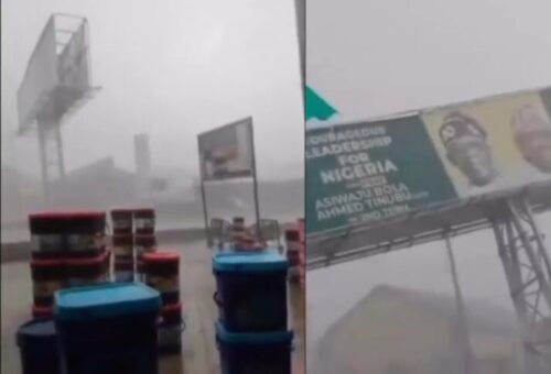 Nigerians React As Heavy Storm Pulls Down Tinubu/Shettima 2027 Campaign Board In Ogun